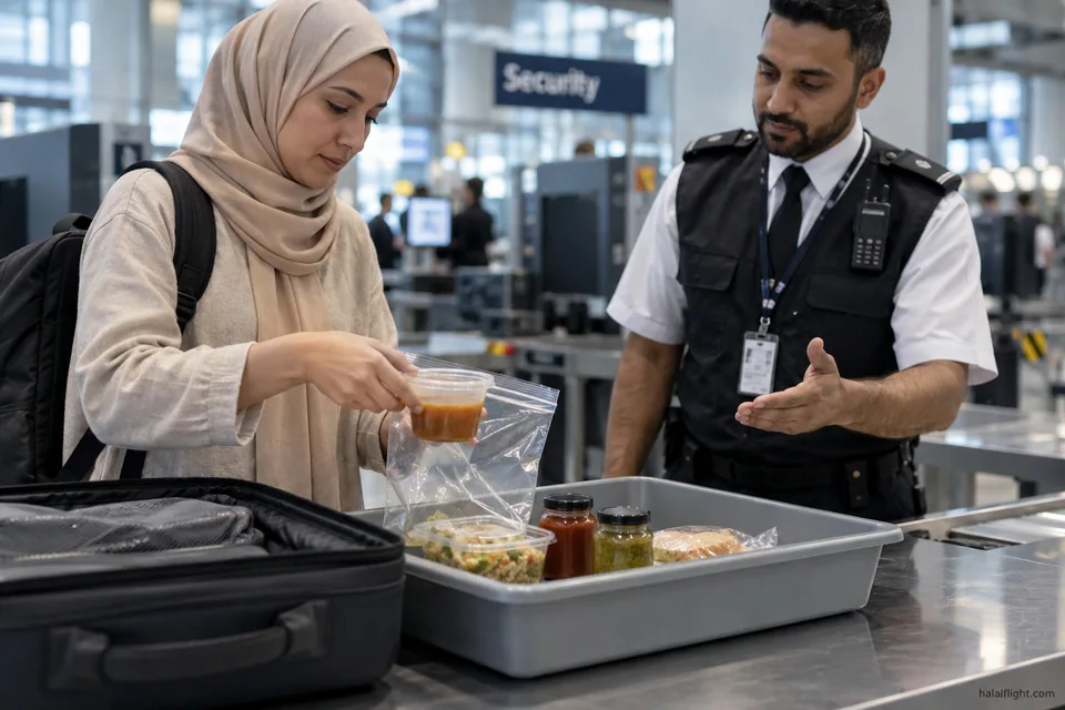 Un voyageur tient un petit pot alimentaire fermé devant un agent de sûreté