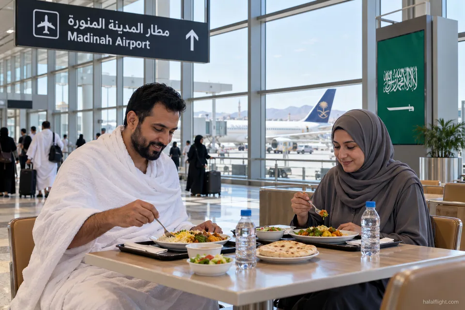 Group of pilgrims sharing a meal beside a Madinah Airport sign