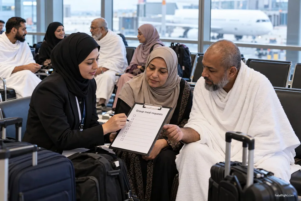 A group organiser holding a printed list talks with older pilgrims at an airport check-in area