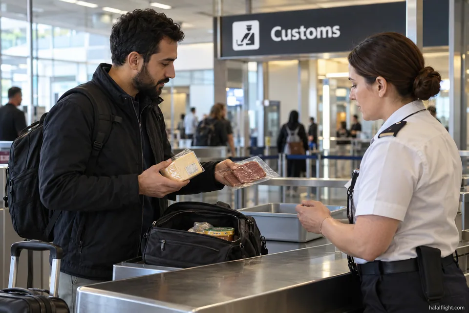 Un voyageur tend un colis alimentaire scellé à un agent frontalier en uniforme