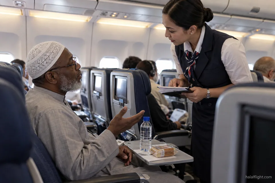 Membre d’équipage parlant à voix basse avec une passagère âgée assise au sujet des repas