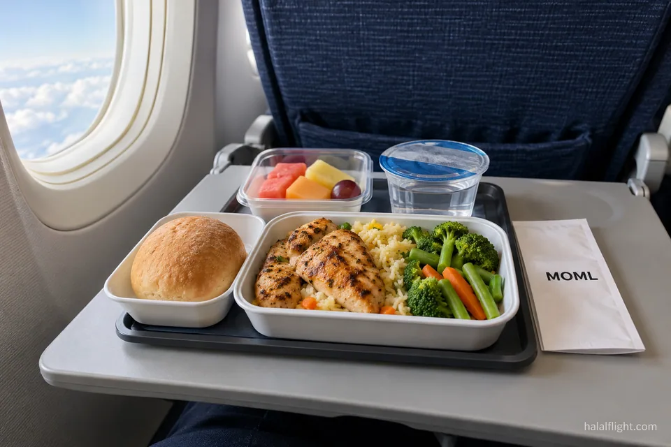 Plateau de compagnie aérienne avec poulet, riz et légumes portant une étiquette MOML près d’un hublot