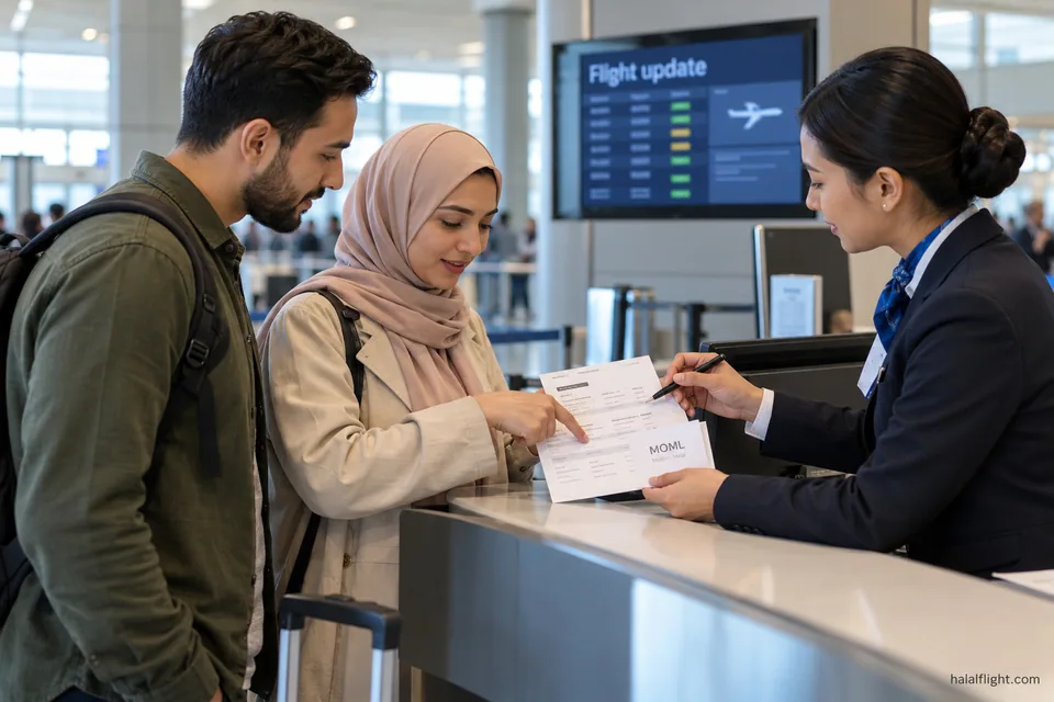 Couple talking with an agent at an airline service desk about a changed flight
