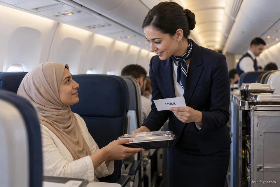 Membre du personnel de cabine remettant un plateau-repas étiqueté à une passagère portant un foulard