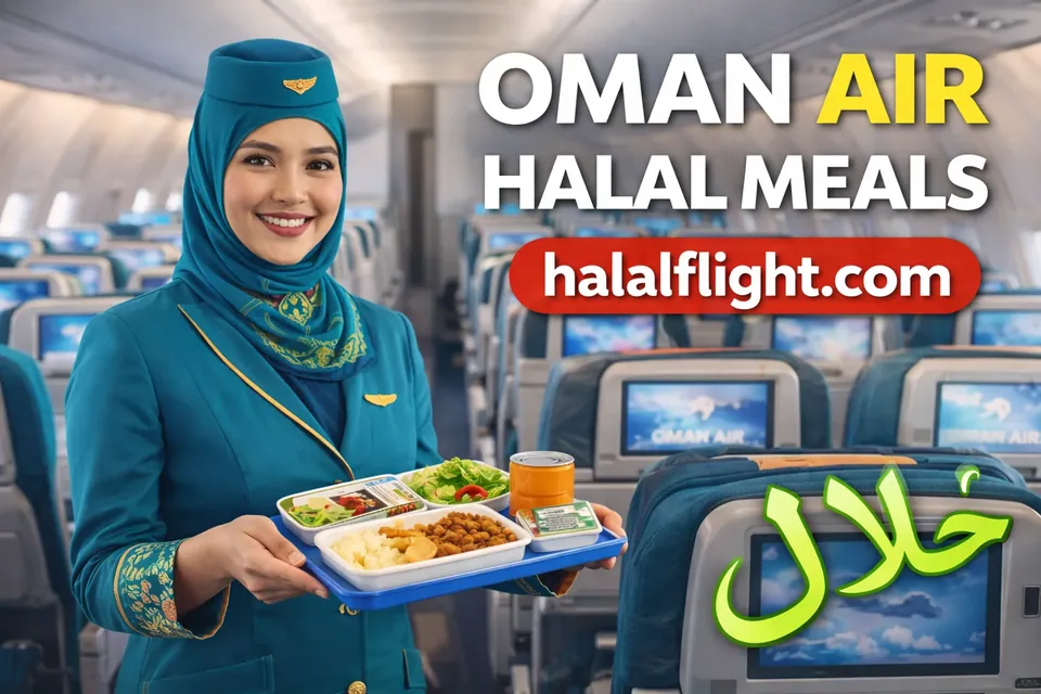 Oman Air cabin crew member in uniform carrying a meal tray along an aircraft aisle