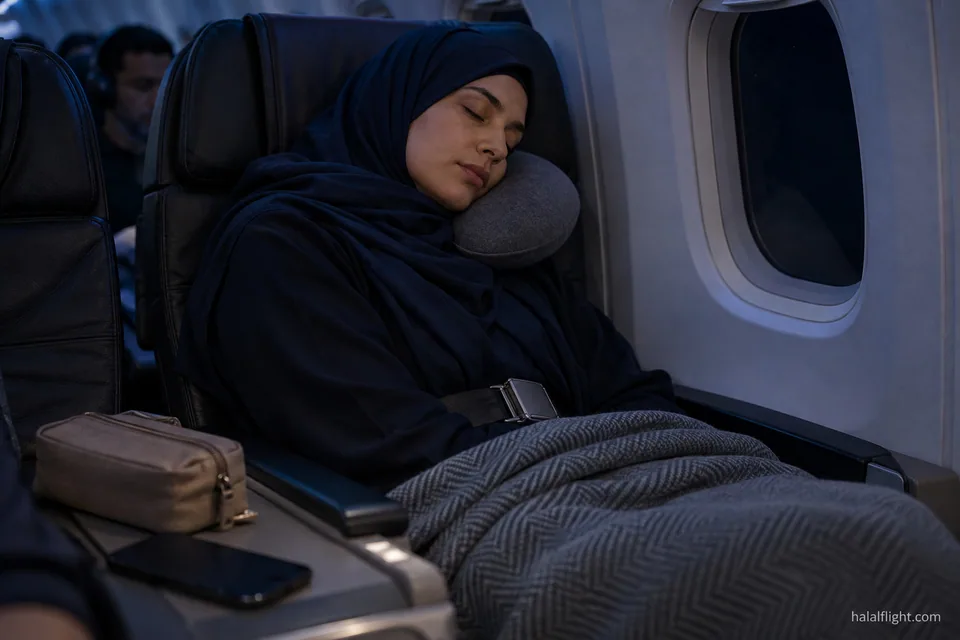 A woman asleep in an economy seat under a blanket in a dimmed aircraft cabin