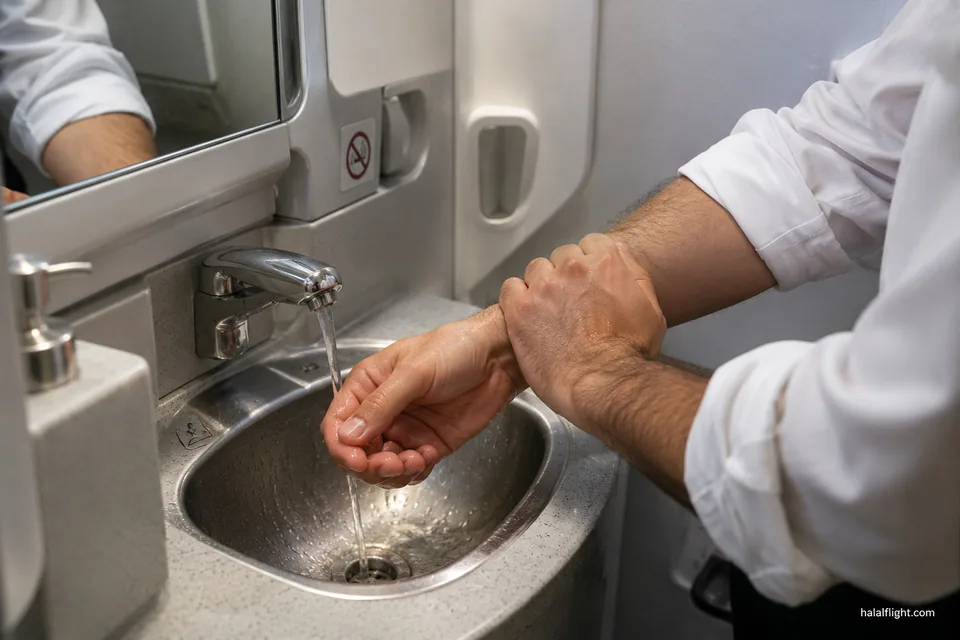A traveller rinses their hands under the tap of a small aircraft washroom basin