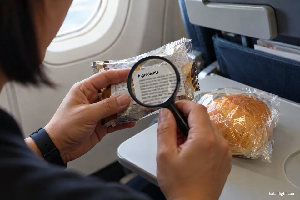 Passenger holding a magnifying glass over the printed ingredient list on a packaged snack