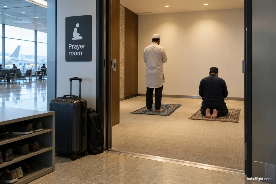 Voyageurs en prière dans une petite salle d'aéroport, à côté d'un panneau indiquant la salle de prière
