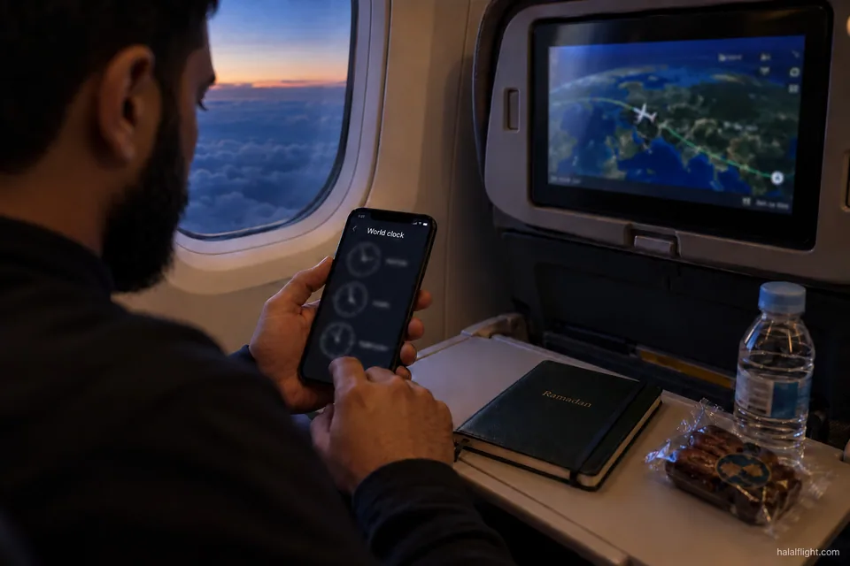 Un passager étudie l'itinéraire de son vol sur l'écran du siège tandis qu'un téléphone affiche une autre heure locale