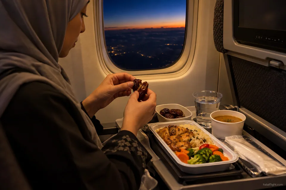 Un passager tient des dattes à côté d'un plateau-repas chaud en cabine au crépuscule