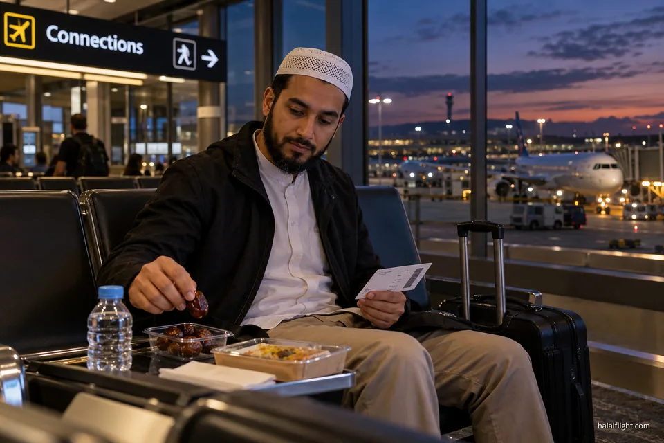 A man eats a small snack at an airport table with travel documents beside him