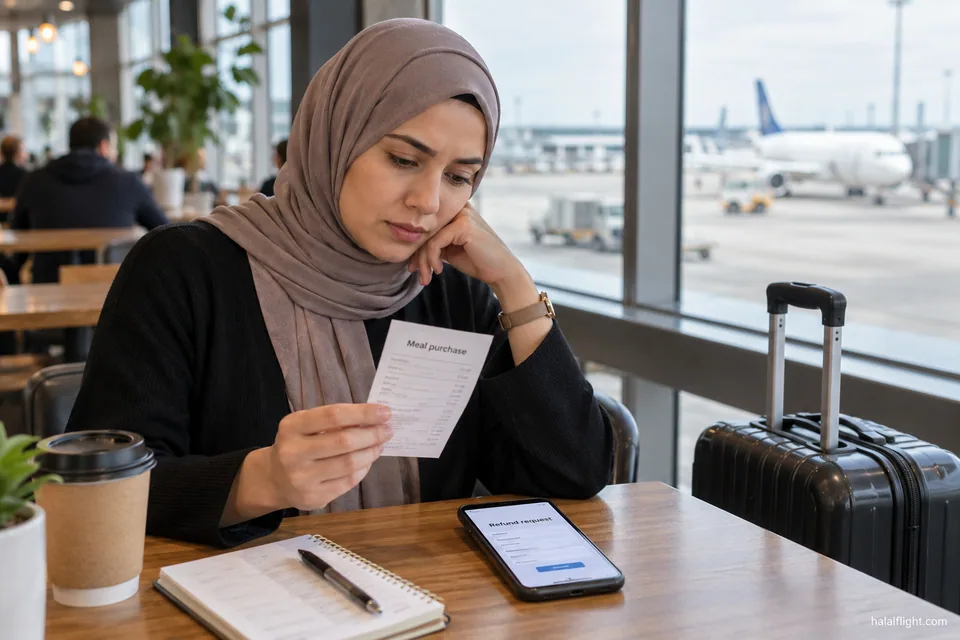 امرأة محجبة تراجع إيصالًا وهاتفًا على طاولة داخل المطار