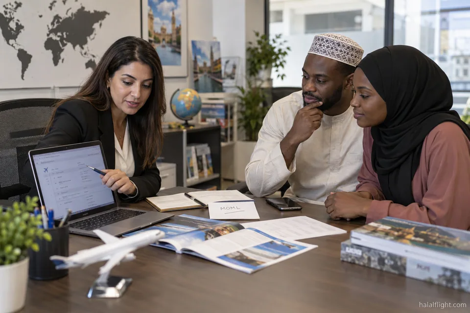 Travel adviser at a desk reviewing booking documents with two passengers