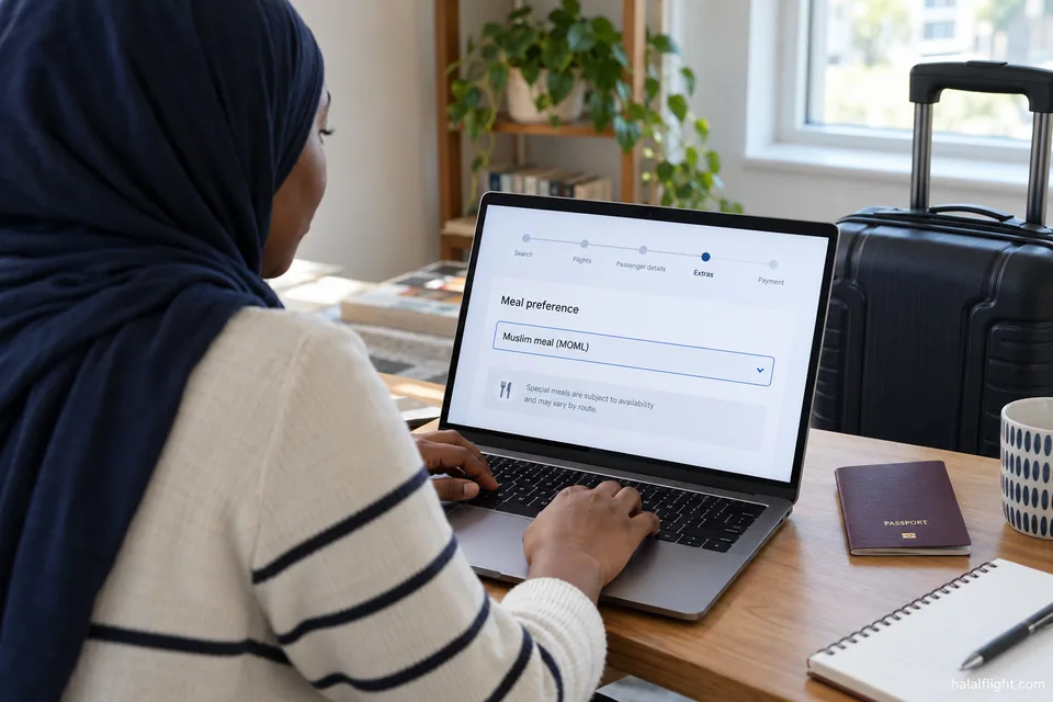مسافر يختار خيارات الحجز على حاسوب محمول بجوار جواز سفر ومسار رحلة مطبوع