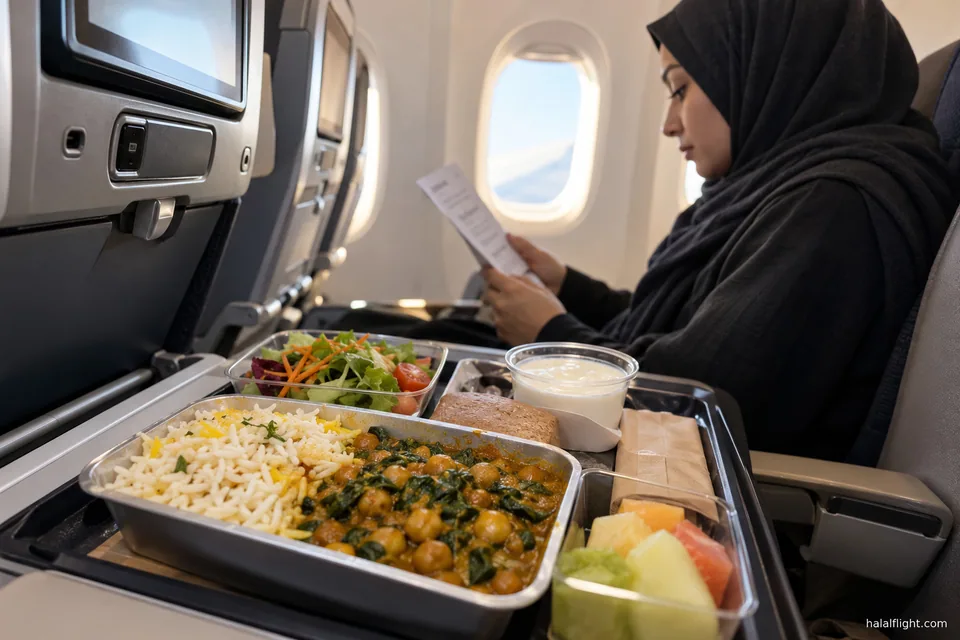Passager lisant la carte du repas près d'un plateau de riz et de légumes