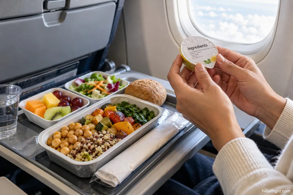 Traveller checking an ingredient label on a tray holding vegetables, grains and fruit