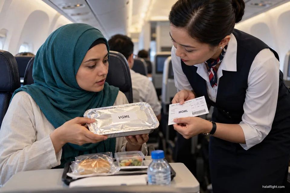 Cabin crew member checking a sealed meal tray label against a printed passenger list beside an aisle seat