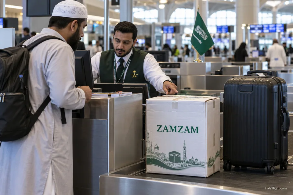 A pilgrim stands at an airport check-in counter beside a sealed, boxed container of Zamzam water